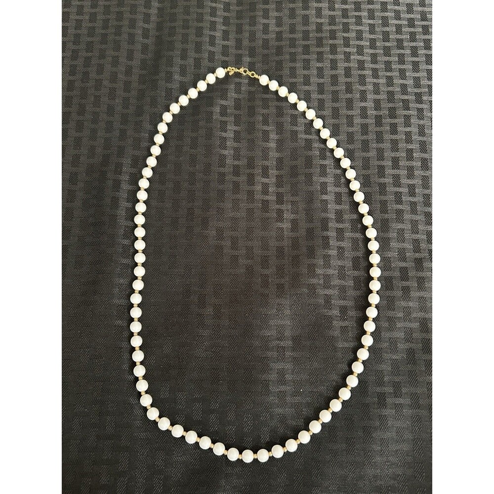 Vintage Signed Monet White Beaded Necklace | Gold Tone Spacer Accent Strand